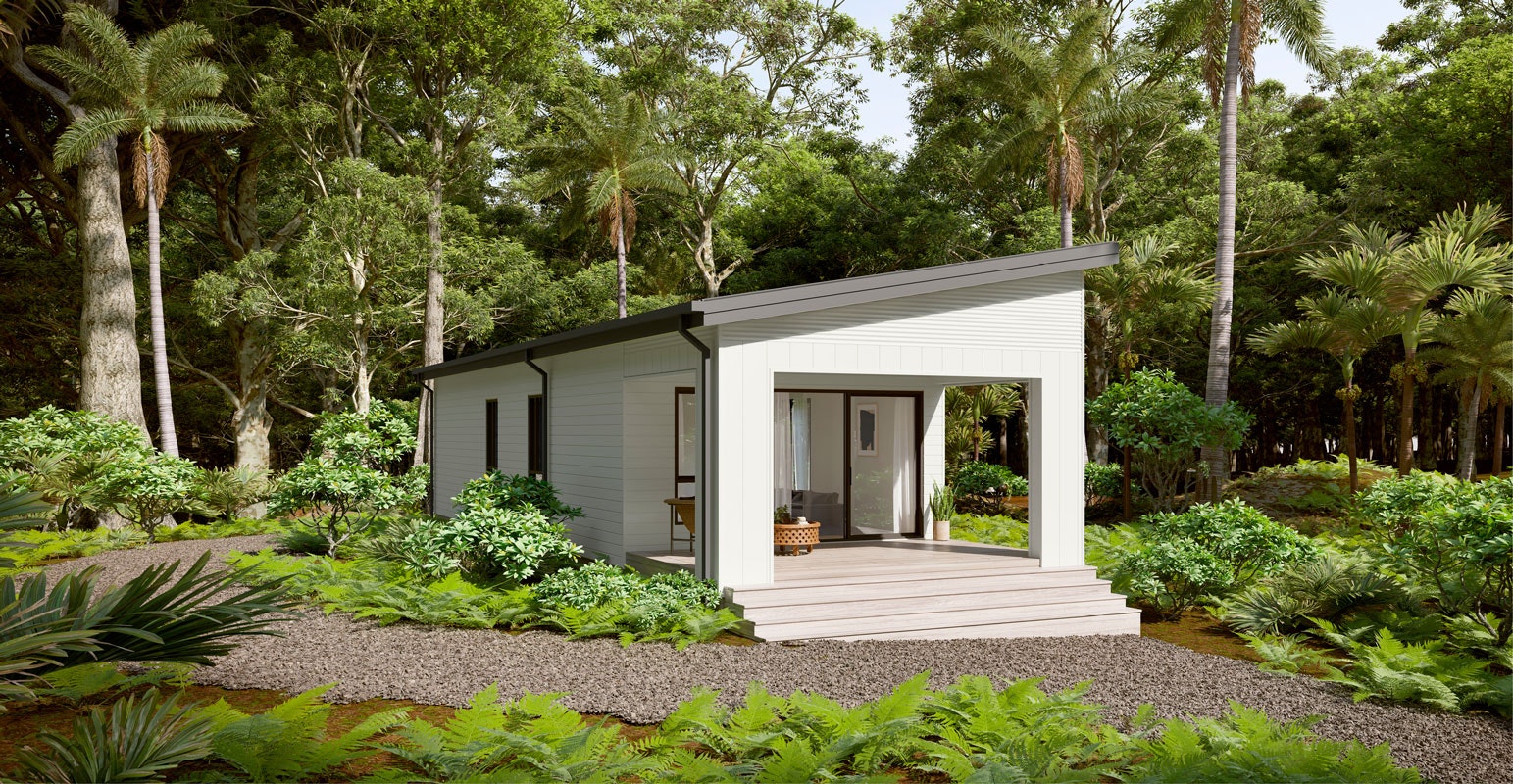 akora single storey 1 bedroom cabin design - coastal facade